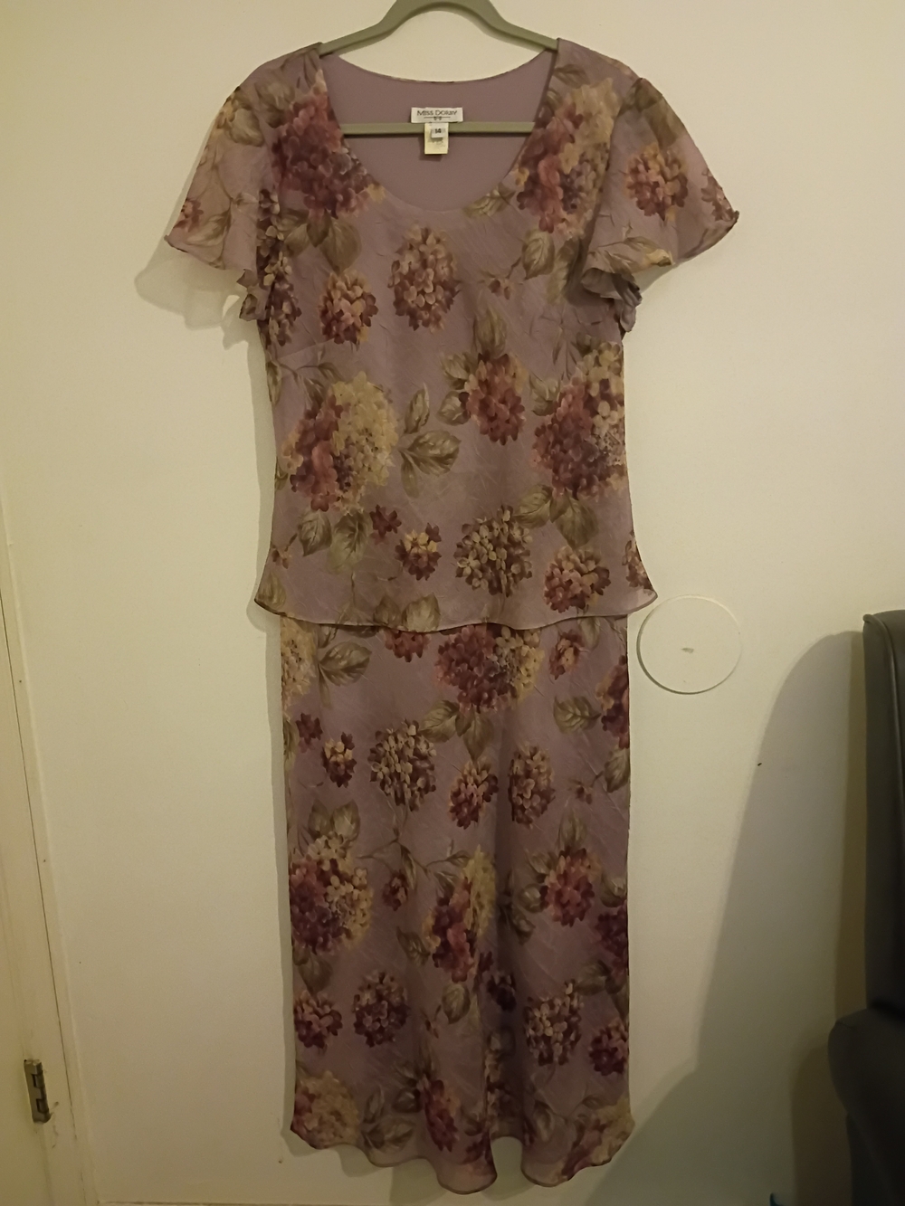 VTG Miss Dorby Women's Sophisticate Lavender Floral Maxi Dress Crinkled Sz 14